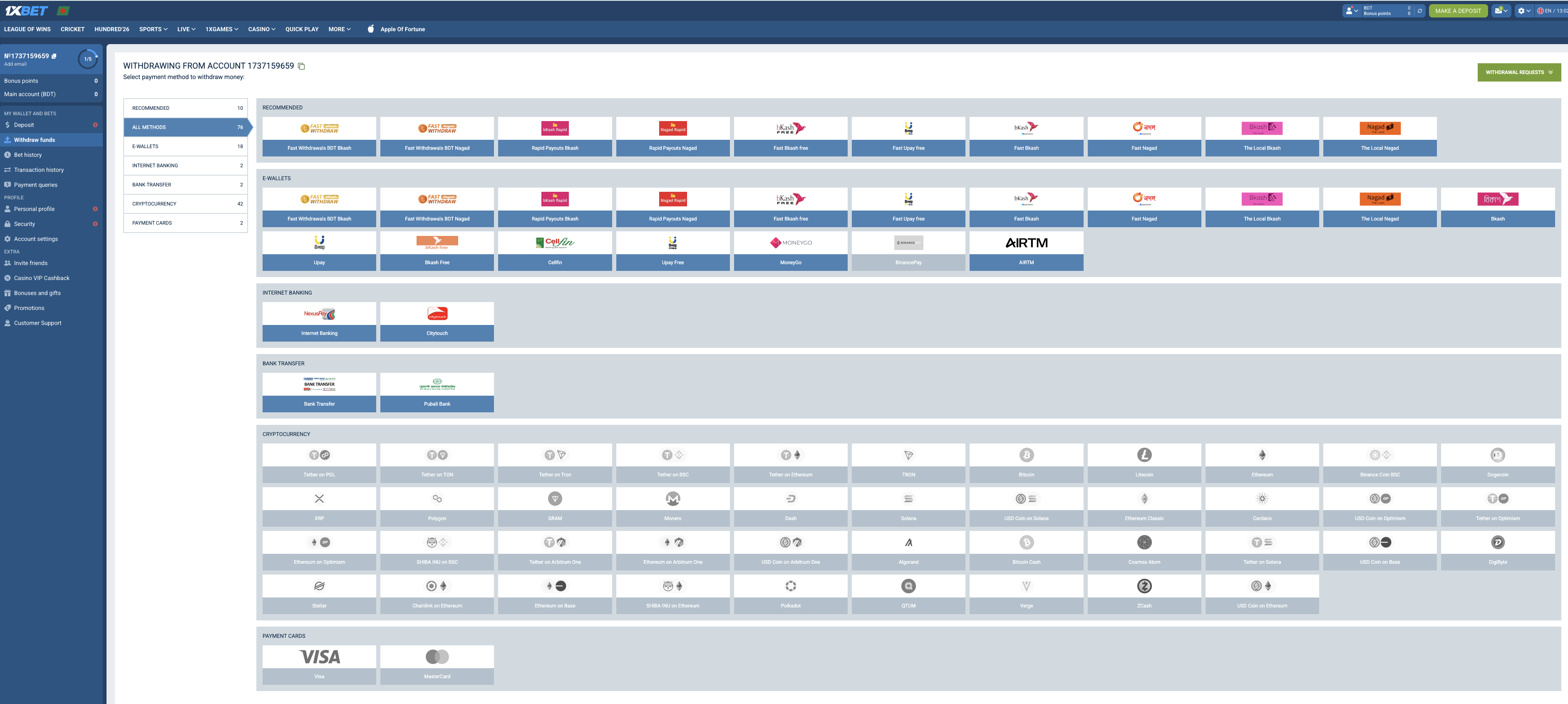 1xBet withdraw funds screen highlighting fast withdrawals with bKash and Nagad style options and other payout methods
